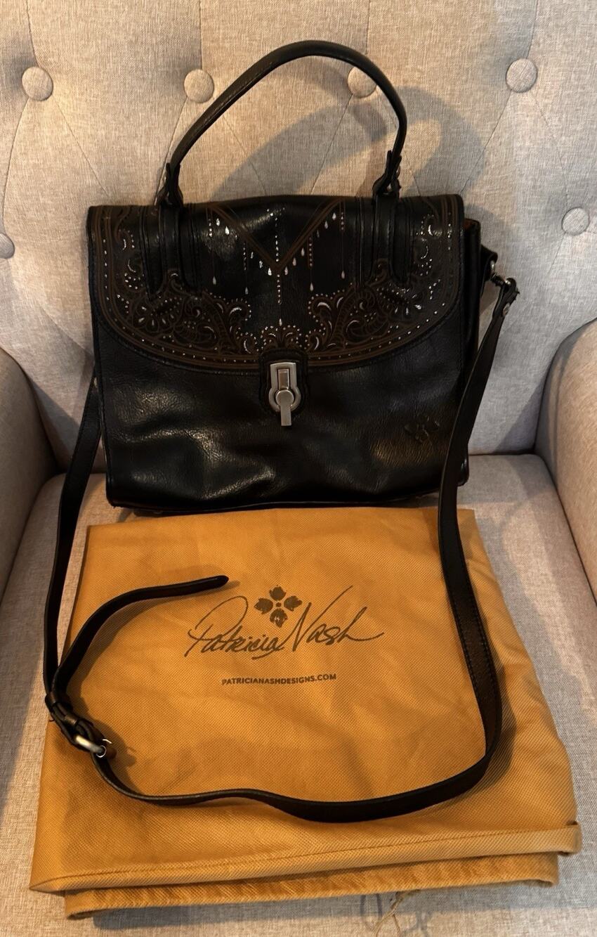 Patricia Nash Stintino Tooled Black Crossbody Satchel